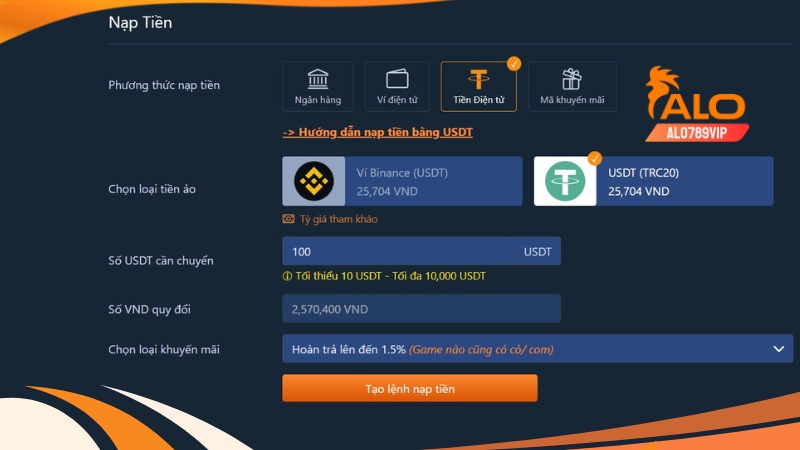 Alo789 nhà cái nạp rút usdt uy tín dẫn đầu xu thế nhất 10 Hoàn thành biểu mẫu nạp tiền usdt tại alo789